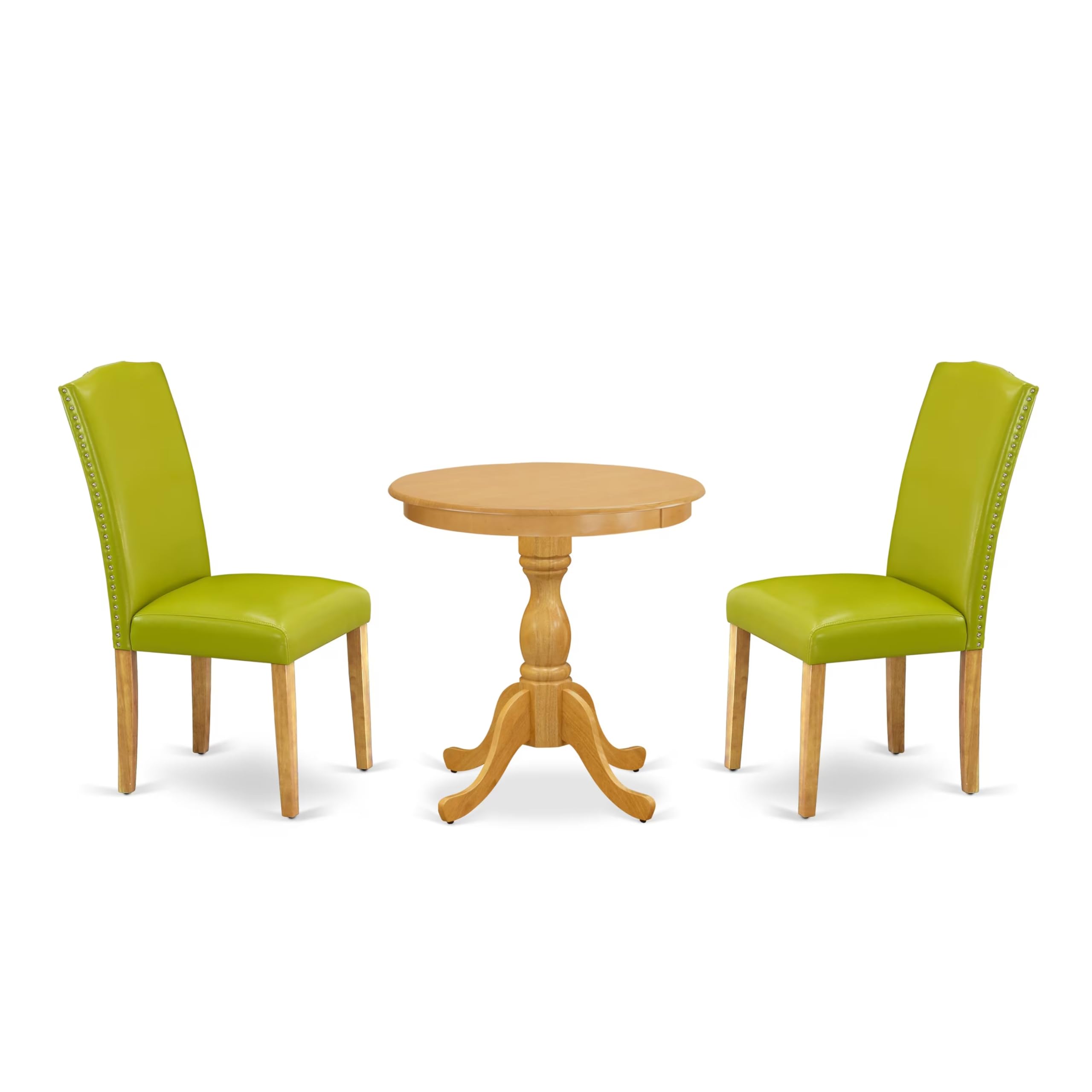East West Furniture Esen3-Oak-51 3 Piece Modern Dining Table Set Contains A Round Wooden Table With Pedestal And 2 Autumn Green Faux Leather Upholstered Chairs, 30X30 Inch, Oak
